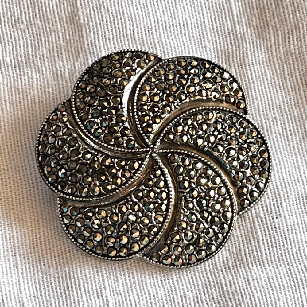 LaFrance Sterling Marcasite Pinwheel Style Brooch with Box